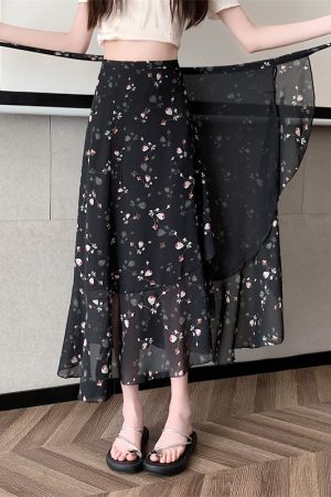 High-Waisted Irregular Floral Chiffon Skirt and Fishtail Long Dress for Travel, Beach, and Sun Protection