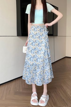 High-Waisted Irregular Floral Chiffon Skirt and Fishtail Long Dress for Travel, Beach, and Sun Protection