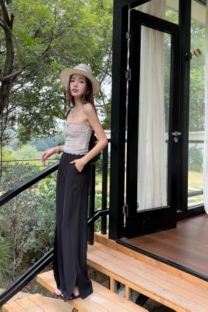 High-Waisted Irregular Side-Slit Wide-Leg Pants for Tall Individuals - Lightweight Draped Floor-Length Style for Spring and Summer