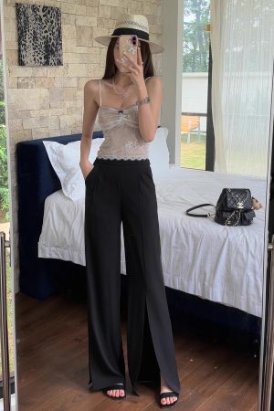 High-Waisted Irregular Side-Slit Wide-Leg Pants for Tall Individuals - Lightweight Draped Floor-Length Style for Spring and Summer