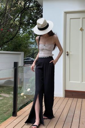 High-Waisted Irregular Side-Slit Wide-Leg Pants for Tall Individuals - Lightweight Draped Floor-Length Style for Spring and Summer