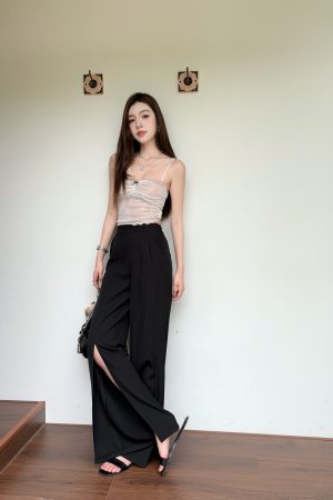 High-Waisted Irregular Side-Slit Wide-Leg Pants for Tall Individuals - Lightweight Draped Floor-Length Style for Spring and Summer