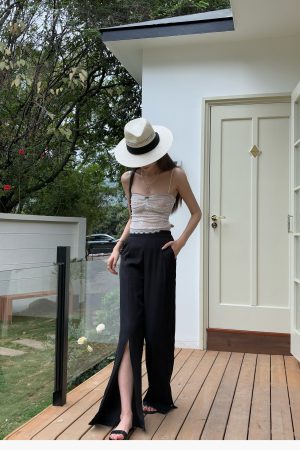 High-Waisted Irregular Side-Slit Wide-Leg Pants for Tall Individuals - Lightweight Draped Floor-Length Style for Spring and Summer