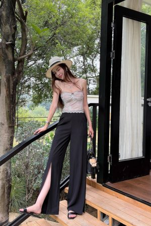 High-Waisted Irregular Side-Slit Wide-Leg Pants for Tall Individuals - Lightweight Draped Floor-Length Style for Spring and Summer