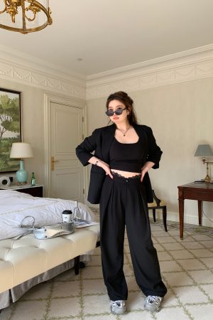 High-Waisted Lace Splicing Wide-Leg Pants - Relaxed Fit Slimming Trousers for Effortless Style