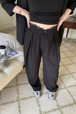 High-Waisted Lace Splicing Wide-Leg Pants - Relaxed Fit Slimming Trousers for Effortless Style