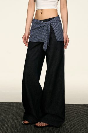 High-Waisted Layered Two-Piece Denim Pants for Women, Slimming Straight-Leg & Versatile Loose Wide-Leg Style, Spring Summer Fashion