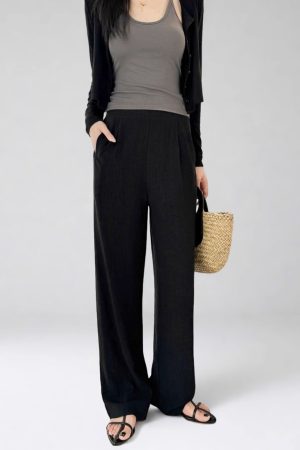 High-Waisted Linen Pants for Women, Narrow-Leg Wide-Leg Casual Trousers with Elastic Back Pockets for Spring and Summer Style