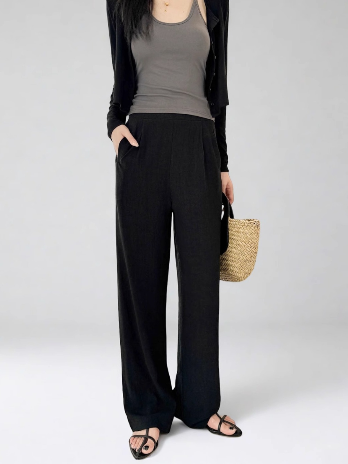 High-Waisted Linen Pants for Women, Narrow-Leg Wide-Leg Casual Trousers with Elastic Back Pockets for Spring and Summer Style High-Waisted Linen Pants for Women, Narrow-Leg Wide-Leg Casual Trousers with Elastic Back Pockets for Spring and Summer Style