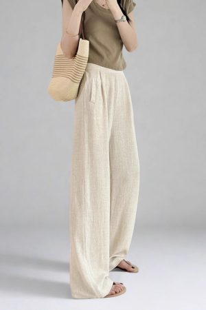 High-Waisted Linen Pants for Women, Narrow-Leg Wide-Leg Casual Trousers with Elastic Back Pockets for Spring and Summer Style