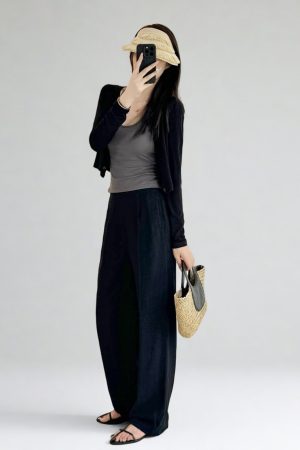 High-Waisted Linen Pants for Women, Narrow-Leg Wide-Leg Casual Trousers with Elastic Back Pockets for Spring and Summer Style