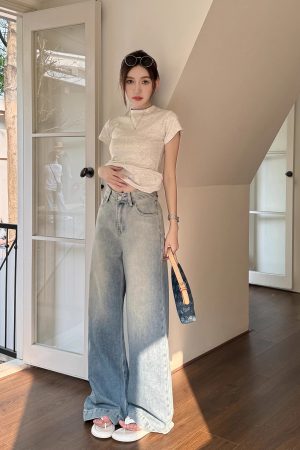 High-Waisted Loose Draped Floor-Length Tencel Slightly Flared Wide-Leg Jeans for Women - Spring Fashion Trend 2023