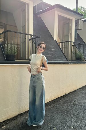 High-Waisted Loose Draped Floor-Length Tencel Slightly Flared Wide-Leg Jeans for Women - Spring Fashion Trend 2023