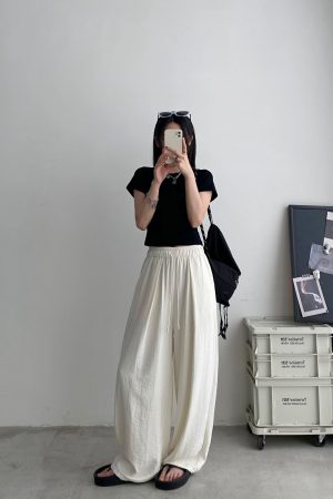 High-Waisted Loose Fit Sun Grapefruit Summer Wide-Leg Pants - Casual Straight-Leg Drape Design for Versatile Styling