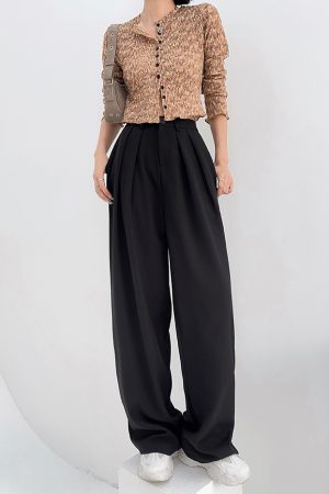 High-Waisted Loose Off-White Wide-Leg Pants for Women - Spring/Summer Floor-Length Draped Trousers in Light Fabric