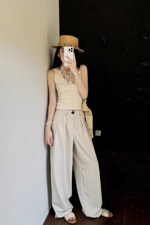 High-Waisted Loose Off-White Wide-Leg Pants for Women - Spring/Summer Floor-Length Draped Trousers in Light Fabric