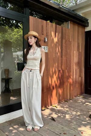 High-Waisted Loose Off-White Wide-Leg Pants for Women - Spring/Summer Floor-Length Draped Trousers in Light Fabric