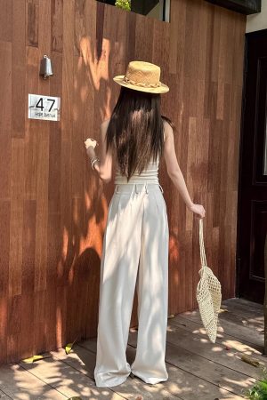 High-Waisted Loose Off-White Wide-Leg Pants for Women - Spring/Summer Floor-Length Draped Trousers in Light Fabric