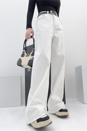 High-Waisted Loose Straight Wide-Leg White Jeans for Tall Women - Light Fabric Casual Pants for Spring and Autumn