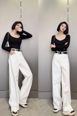 High-Waisted Loose Straight Wide-Leg White Jeans for Tall Women - Light Fabric Casual Pants for Spring and Autumn