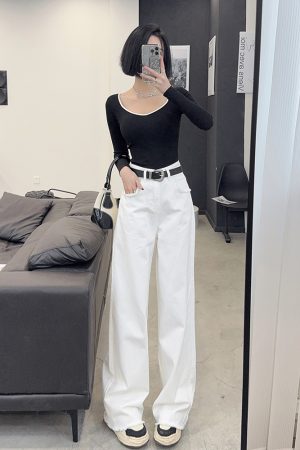 High-Waisted Loose Straight Wide-Leg White Jeans for Tall Women - Light Fabric Casual Pants for Spring and Autumn