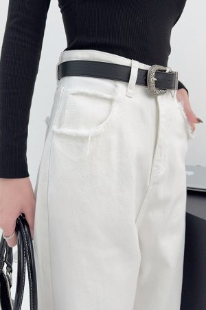 High-Waisted Loose Straight Wide-Leg White Jeans for Tall Women - Light Fabric Casual Pants for Spring and Autumn