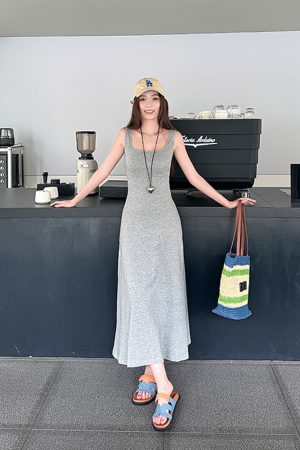 High-Waisted Navy Blue Fitted Cotton Long Skirt - Lightweight French Style Women's Summer Dress