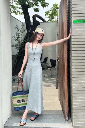 High-Waisted Navy Blue Fitted Cotton Long Skirt - Lightweight French Style Women's Summer Dress