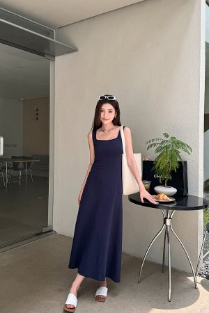 High-Waisted Navy Blue Fitted Cotton Long Skirt - Lightweight French Style Women's Summer Dress