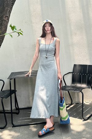 High-Waisted Navy Blue Fitted Cotton Long Skirt - Lightweight French Style Women's Summer Dress