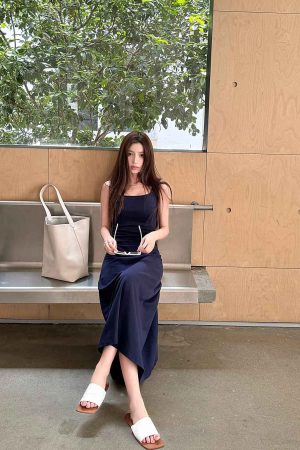 High-Waisted Navy Blue Fitted Cotton Long Skirt - Lightweight French Style Women's Summer Dress