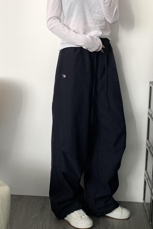 High-Waisted Navy Blue Relaxed Straight-Leg Work Pants for Women, Loose Fit Wide-Leg Sports Casual Trousers for Spring and Autumn