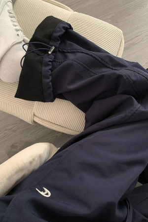 High-Waisted Navy Blue Relaxed Straight-Leg Work Pants for Women, Loose Fit Wide-Leg Sports Casual Trousers for Spring and Autumn