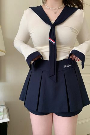 High-Waisted Navy Blue Skirt Pants, Retro American Haipai Academy Style, Slightly Chubby Fit, Trendy Y2K Fashion
