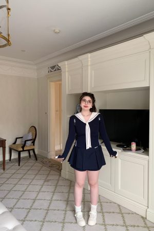 High-Waisted Navy Blue Skirt Pants, Retro American Haipai Academy Style, Slightly Chubby Fit, Trendy Y2K Fashion