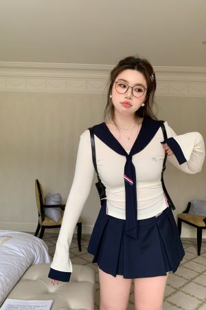 High-Waisted Navy Blue Skirt Pants, Retro American Haipai Academy Style, Slightly Chubby Fit, Trendy Y2K Fashion