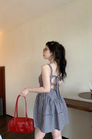 High-Waisted Plaid Dress with Backless Bow, French Vintage Romantic Style, Carefree Fit, Perfect for 90s and Y2K Fashion Lovers