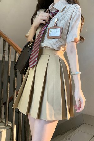 High-Waisted Pleated JK Uniform Skirt - Plaid and Solid Color Basic Style, Authentic Pudding Bear Inspired Design
