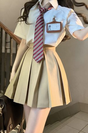 High-Waisted Pleated JK Uniform Skirt - Plaid and Solid Color Basic Style, Authentic Pudding Bear Inspired Design