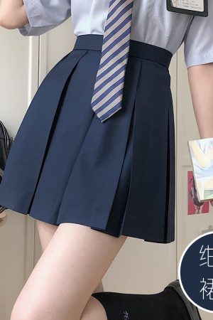 High-Waisted Pleated JK Uniform Skirt in Plaid - Solid Color Basic Style, Authentic 90s-Inspired Pudding Bear Aesthetic