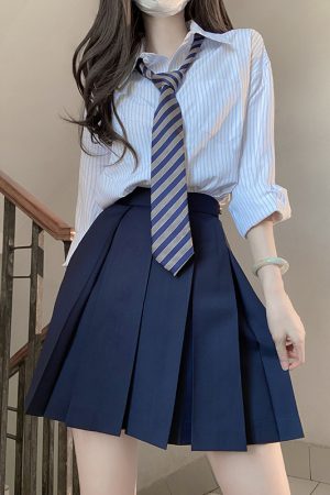High-Waisted Pleated JK Uniform Skirt in Plaid - Solid Color Basic Style, Authentic 90s-Inspired Pudding Bear Aesthetic