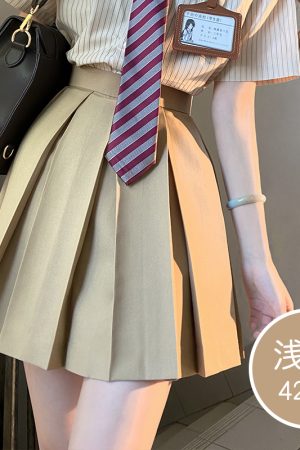 High-Waisted Pleated JK Uniform Skirt in Plaid - Solid Color Basic Style, Authentic 90s-Inspired Pudding Bear Aesthetic