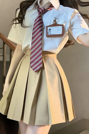 High-Waisted Pleated JK Uniform Skirt in Plaid - Solid Color Basic Style, Authentic 90s-Inspired Pudding Bear Aesthetic