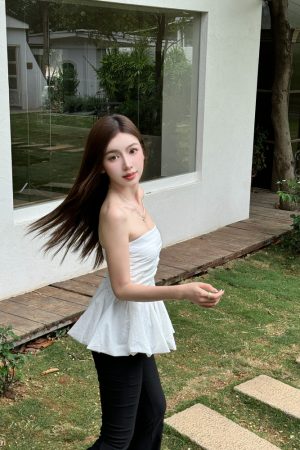 High-Waisted Pleated Slim-Fit Strapless Tank Top with Floral Skirt Hem - Lightweight Summer Style