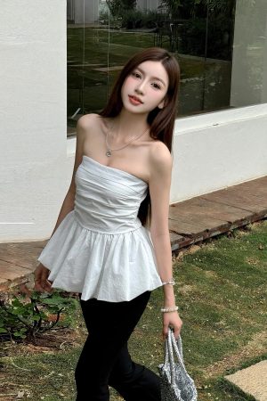 High-Waisted Pleated Slim-Fit Strapless Tank Top with Floral Skirt Hem - Lightweight Summer Style