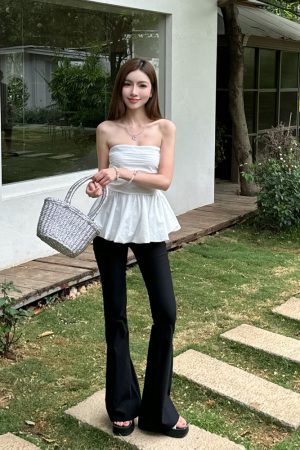 High-Waisted Pleated Slim-Fit Strapless Tank Top with Floral Skirt Hem - Lightweight Summer Style