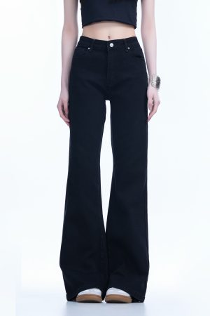 High-Waisted Retro Black Flared Jeans for Women, Slimming Floor-Length Summer Style, 90s Inspired Fashion