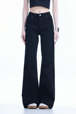 High-Waisted Retro Black Flared Jeans for Women, Slimming Floor-Length Summer Style, 90s Inspired Fashion