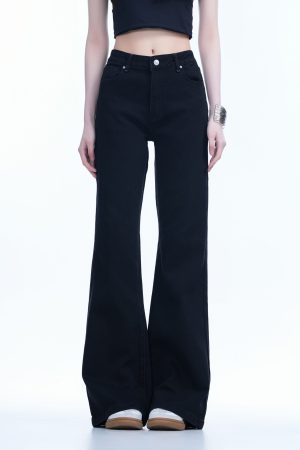 High-Waisted Retro Black Flared Jeans for Women, Slimming Floor-Length Summer Style, 90s Inspired Fashion