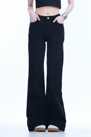 High-Waisted Retro Black Flared Jeans for Women, Slimming Floor-Length Summer Style, 90s Inspired Fashion